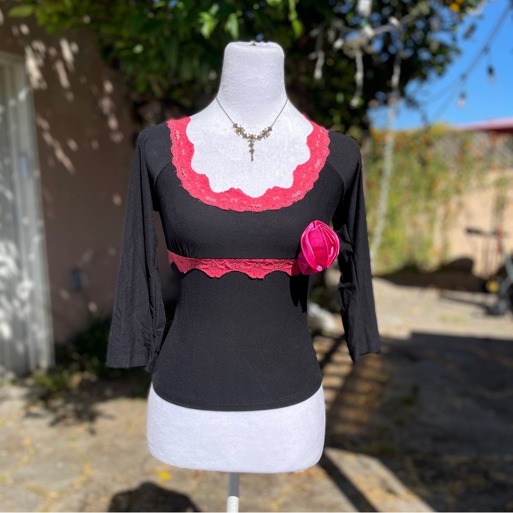 Vintage Black Blouse with Pink Lace Trim